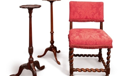 A CHARLES II PADOUK WOOD BACK STOOL, LATE 17TH CENTURY, TOGETHER WITH A CHINESE EXPORT PADOUK WOOD CANDLESTAND AND A GEORGE II MAHOGANY CANDLESTAND, BOTH 18TH CENTURY
