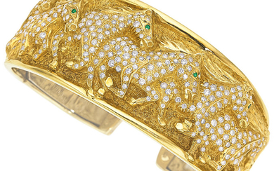 Diamond, Emerald, Gold Bracelet The horse motif cuff...