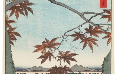 UTAGAWA HIROSHIGE I (1797–1858) MAPLE TREES AT MAMA, TEKONA SHRINE AND LINKED BRIDGE (MAMA NO MOMIJI TEKONA NO YASHIRO TSUGIHASHI) EDO PERIOD, 19TH CENTURY