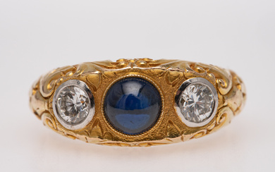 585 yellow gold ring, synthetic sapphire, diamonds.