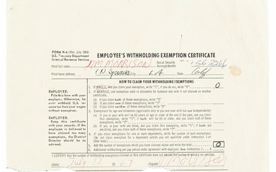 A Jim Morrison Signed W-4 Form For His Appearance on American Bandstand