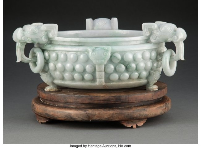 78021: A Chinese Carved Jadeite Bowl on Carved Wood Sta