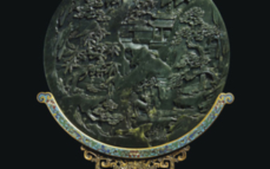 A SPINACH-GREEN JADE CIRCULAR TABLE SCREEN AND A CLOISONNÉ ENAMEL STAND, CHINA, QING DYNASTY, QIANLONG PERIOD (1736-1795)