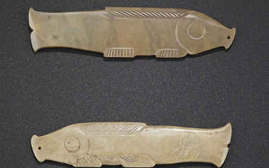 TWO GREENISH-BEIGE JADE FISH-FORM PENDANTS, WESTERN ZHOU DYNASTY, 10TH-9TH CENTURY BC