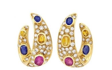 Pair of Gold, Multicolored Sapphire and Diamond Hoop Earclips