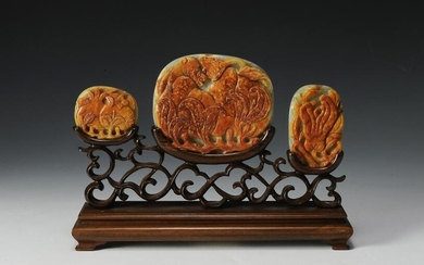 (3) Chinese Carved Jade Ruyi Panels in Stand