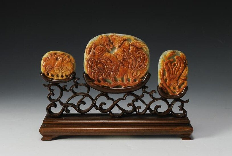 (3) Chinese Carved Jade Ruyi Panels in Stand