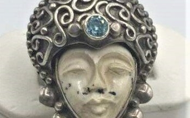 .925 Sterling Ring Man Head Wearing Turban Topaz Stone
