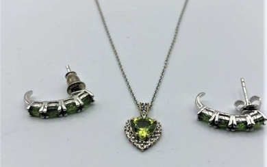 .925 Sterling Silver Necklace and Earrings Green Stones