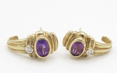 9ct gold amethyst & diamond earrings with scroll backs (2.6g...
