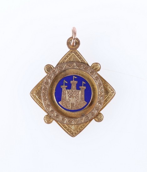 9ct gold enamelled fob medal with triple turret castle (Edin...
