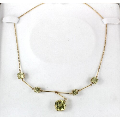 9ct yellow gold Y shaped necklace set with five Lime Citrine...