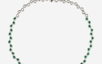 A 14K White Gold, Emerald, and Diamond Necklace