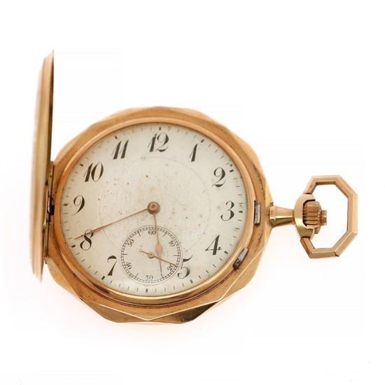 A 14k gold hunter case pocket watch. 1900–1920. Weight 76 g. Case diam. 50 mm.