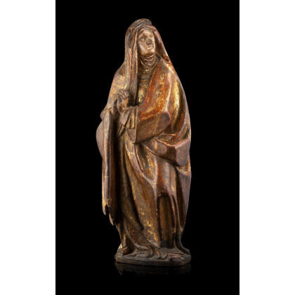 A 16th-century painted and partially gilded wooden sculpture representing "Praying Madonna" (h. cm 60) (defects and restorations)