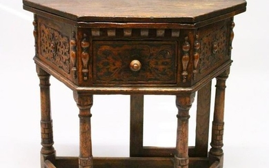 A 17TH CENTURY STYLE OAK "CREDENCE" TABLE, with shaped