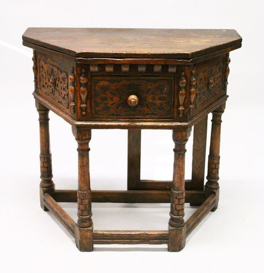 A 17TH CENTURY STYLE OAK "CREDENCE" TABLE, with shaped