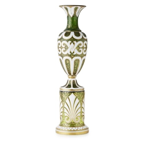 A 19TH CENTURY BOHEMIAN WHITE OVERLAID GLASS VASE AND STAND ...