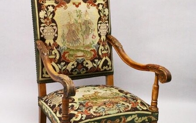 A 19TH CENTURY CARVED BEECH FRAMED ARMCHAIR, with
