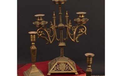 A 19th century gilt brass three-light candelabrum, pierced a...