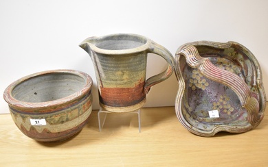 A 20th Century John Calver studio pottery basket with crimped edge and foliate glazed design