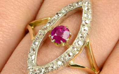 A Burmese ruby and old-cut diamond navette-shape ring.