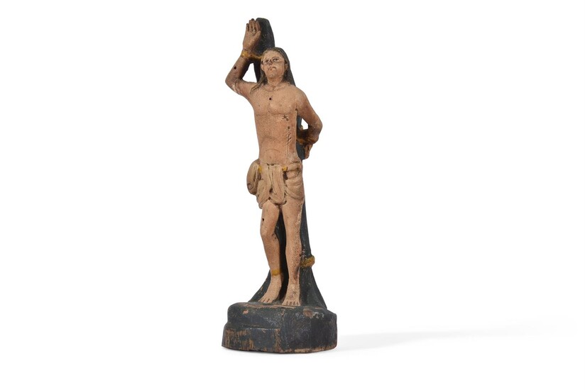 A CARVED AND PAINTED WOOD MODEL OF SAINT SEBASTIAN SPANISH OR CATHOLIC COLONIAL, 18TH CENTURY