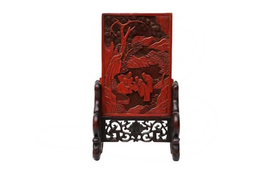 A CHINESE CINNABAR LACQUER 'SCHOLARS' TABLE SCREEN 清十九世紀 剔紅文人雅聚圖插屏