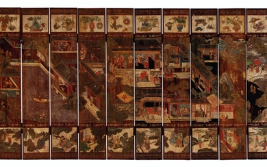 A CHINESE COROMANDEL TWELVE-PANEL SCREEN, QING DYNASTY, 18TH CENTURY, THE END PANELS POSSIBLY ASSOCIATED