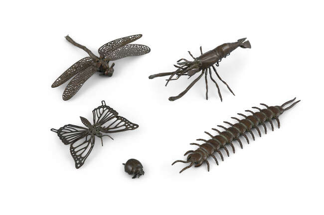A COLLECTION OF FIVE (5) COPPER INSECTS OKIMONO...
