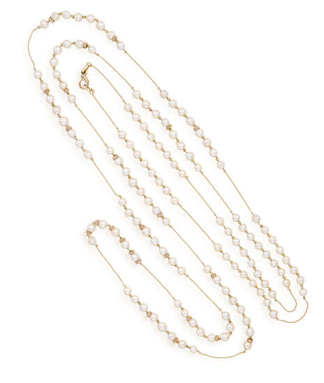 A CULTURED PEARL AND DIAMOND LONG CHAIN NECKLACE...