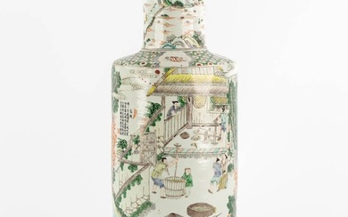 A Chinese Famille Verte 'Roulleau' vase with scènes of rice production. (H:46 x D:18 cm)