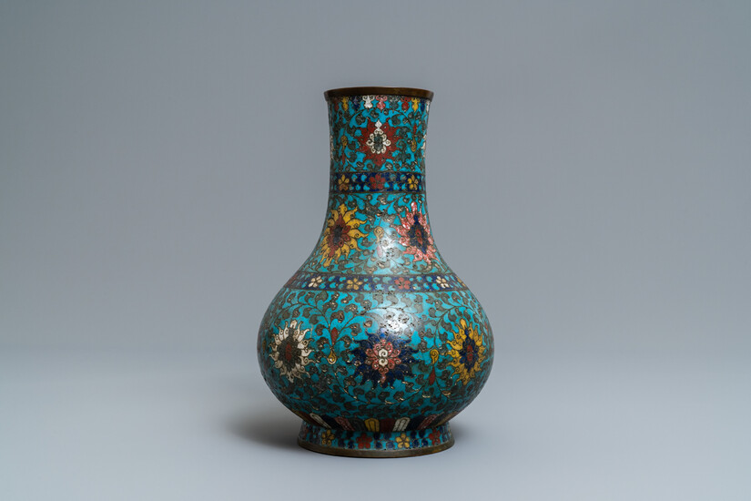 A Chinese cloisonné bottle vase with lotus scrolls, Ming