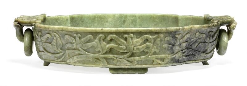 NOT SOLD. A Chinese oval green jade marriage bowl on four feet. Qing, c. 1900. Weight 3520 g. L. 43.5 cm. H. 9 cm. – Bruun Rasmussen Auctioneers of Fine Art