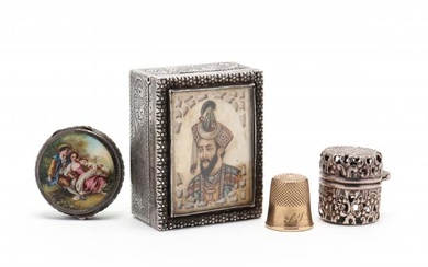 A Collection of Three Silver Boxes and a 10KT Gold Thimble