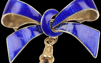 A Continental silver-gilt blue enamel ribbon bow brooch, wit...
