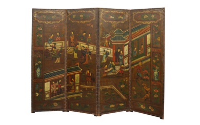 A DUTCH CHINOISERIE POLYCHROME PAINTED LEATHER FOUR PANEL ROOM SCREEN