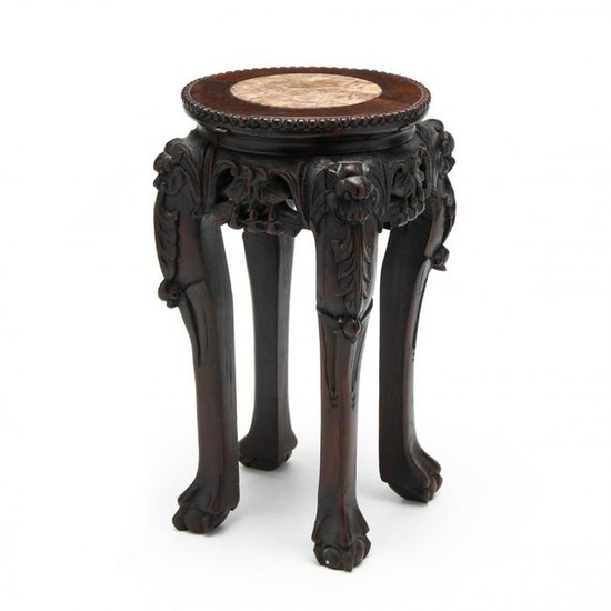 A Diminutive Chinese Carved Wood Table with Marble