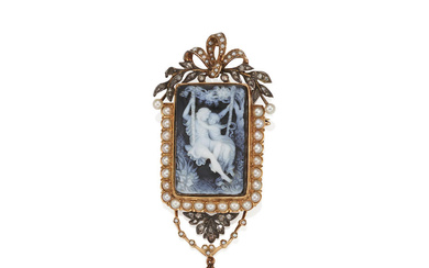 A GOLD, SILVER-TOPPED GOLD, CULTURED PEARL AND DIAMOND CAMEO PENDANT...