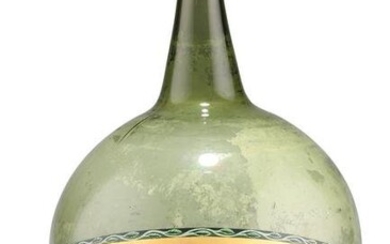 A GREEN GLASS ONION-SHAPED BOTTLE OR CARBOY, labelled