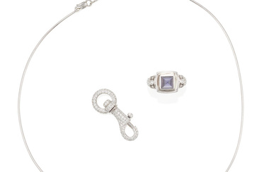 A GROUP OF WHITE GOLD, IOLITE AND DIAMOND JEWELRY