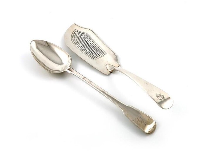 A George III silver Old English pattern fish slice, by Eley and Fearn, London 1803, the blade with pierced decoration, the handle later initialled, plus a George III silver Fiddle pattern basting spoon, by Richard Turner, London 1810, approx. total...