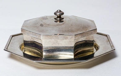 A JAPANESE SILVER DISH AND TIN WITH GLASS INSIDE