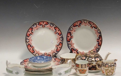 A Jackfield glaze cow creamer, a small quantity of Royal Crown Derby and other Imari wares, two