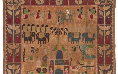 A Kanpuri Temple Hanging, Uttar Pradesh, India, early 20th century, with cotton applique and embroidery on cotton, depicting a temple scene with animals including horses, elephants and worshippers, 128 x 128cm. This panel was offered to the shrine...