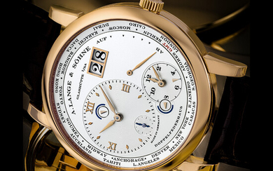 A. LANGE & SÖHNE. AN 18K PINK GOLD WORLD TIME AND DUAL TIME WRISTWATCH WITH LARGE DATE, DUAL DAY/NIGHT AND POWER RESERVE INDICATION LANGE 1 TIMEZONE MODEL, REF 116.032, CIRCA 2005
