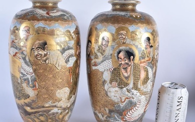 A LARGE PAIR OF 19TH CENTURY JAPANESE MEIJI PERIOD SATSUMA VASES painted with immortals. 30cm x 14 c