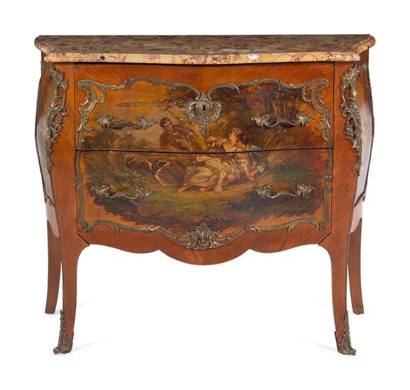 A Louis XV Style Gilt Bronze Mounted Vernis Martin Breche d'Alep Marble-Top Bombe Commode