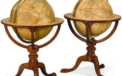 A MATCHED PAIR OF MAHOGANY 12-INCH TABLE GLOBES BY CARY, THE TERRESTIAL GLOBE DATED 1825
