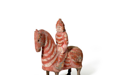 A PAINTED GRAY POTTERY OF EQUESTRIAN WARRIOR Northern Qi dynasty...
